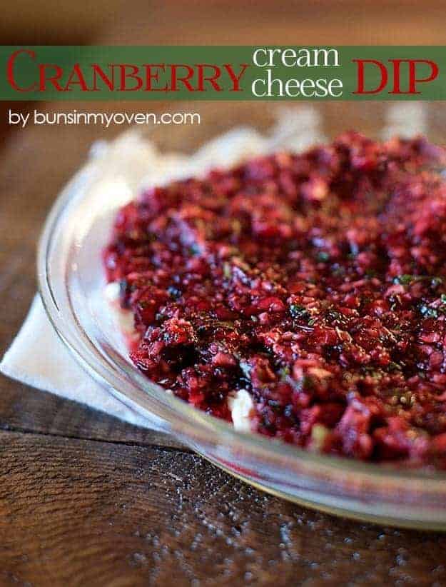 Cranberry salsa in a clear glass pie pan.
