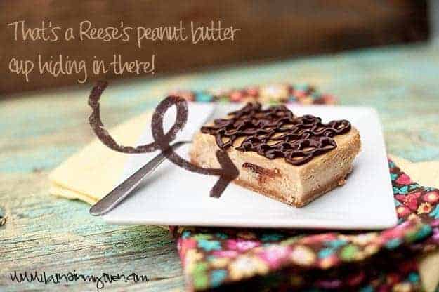 A peanut butter cheesecake bar with a chocolate topping.