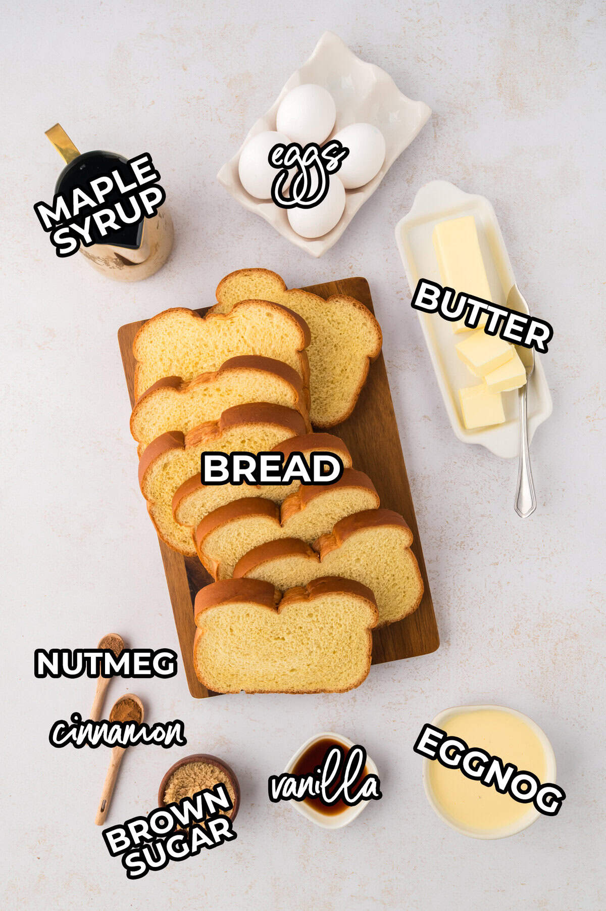 Ingredients for making eggnog french toast.