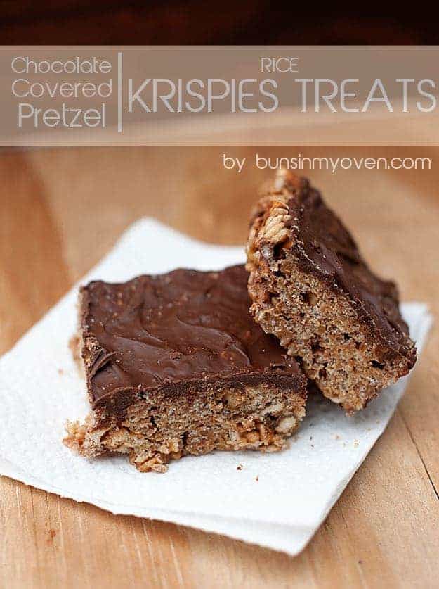 A pretzel rice krispie treat on a paper towel.