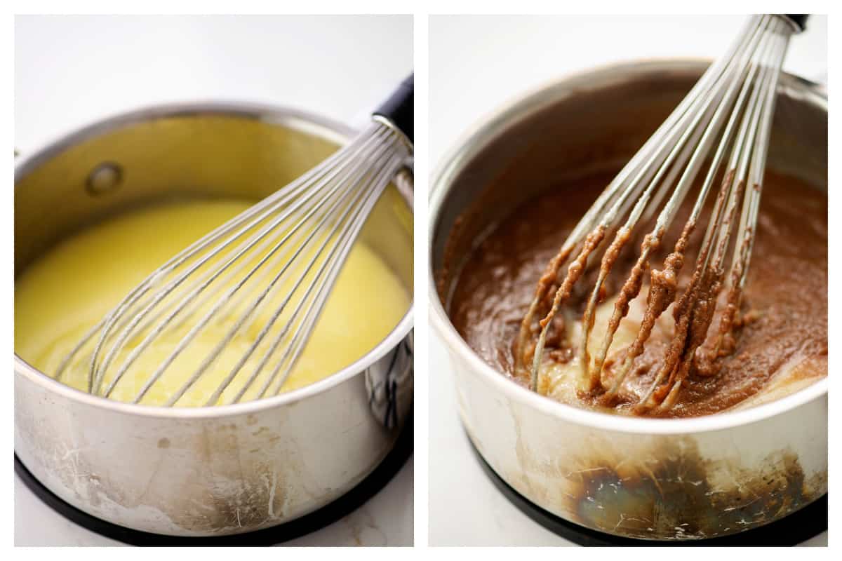 nutella mixture in saucepan for making brownies.