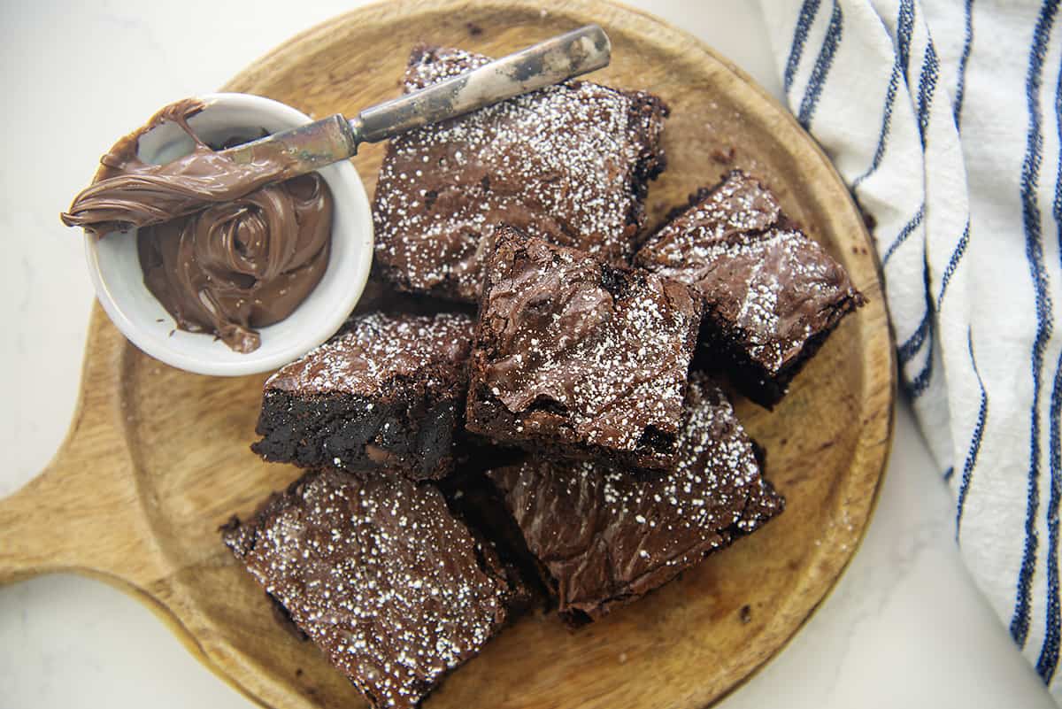 nutella brownies on wooden board.