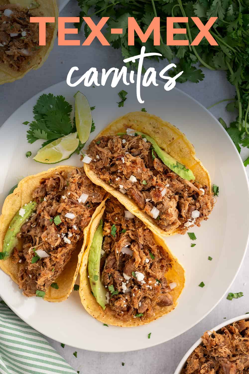 Tex-Mex carnitas tacos on plate.