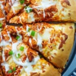 overhead view of buffalo chicken pizza.