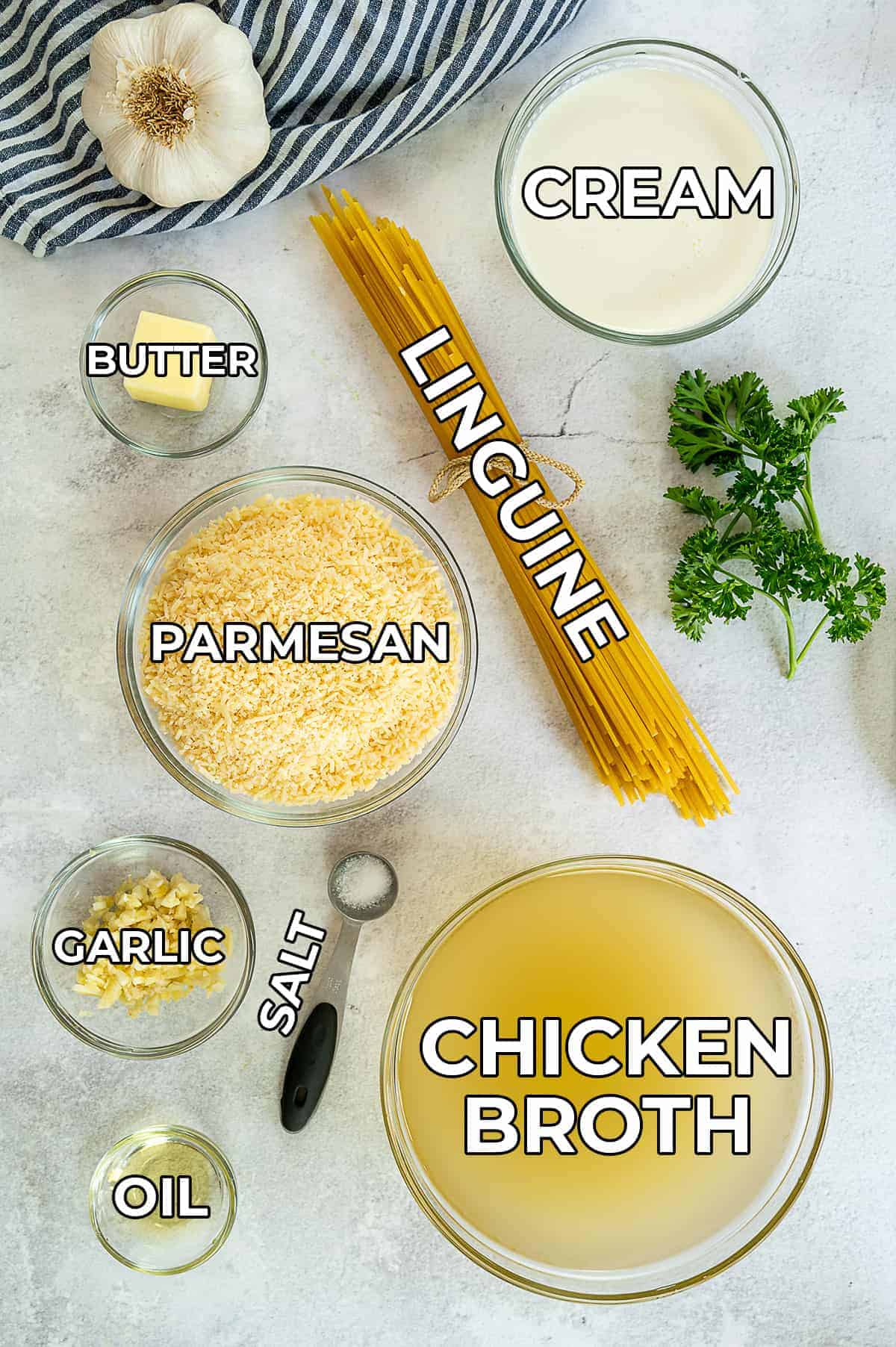 ingredients for one pot alfredo with labels.