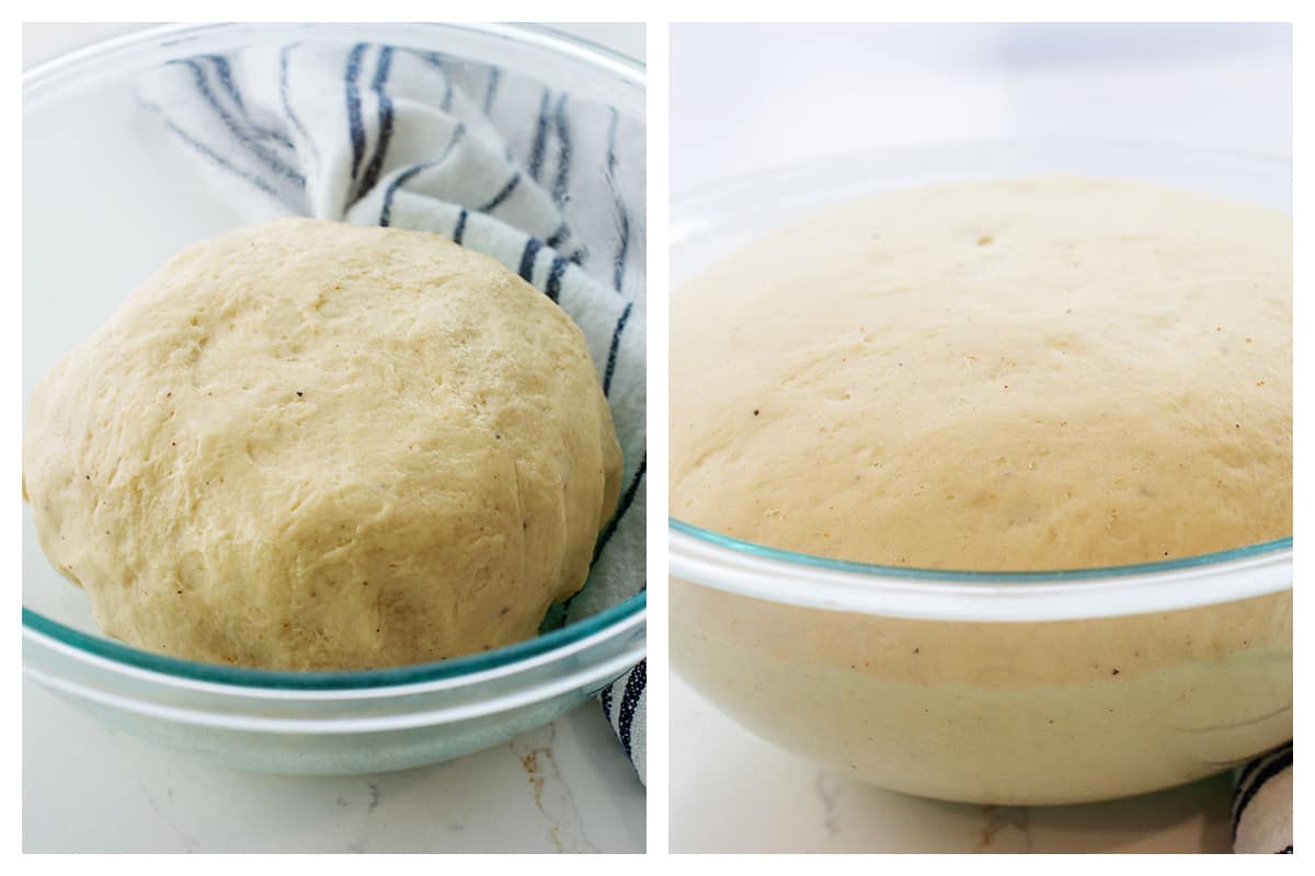 risen dough in glass bowl.