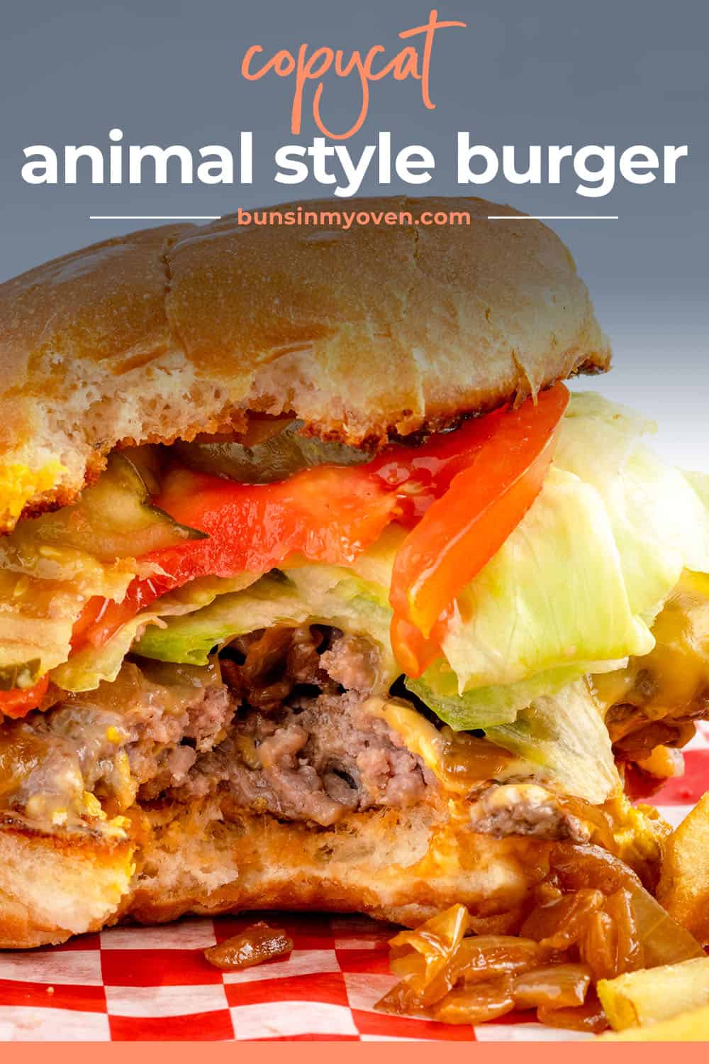 copycat animal style cheeseburger with text for Pinterest.
