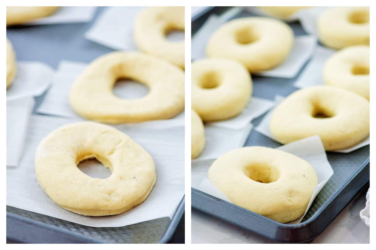 shaped donuts on baking sheet.
