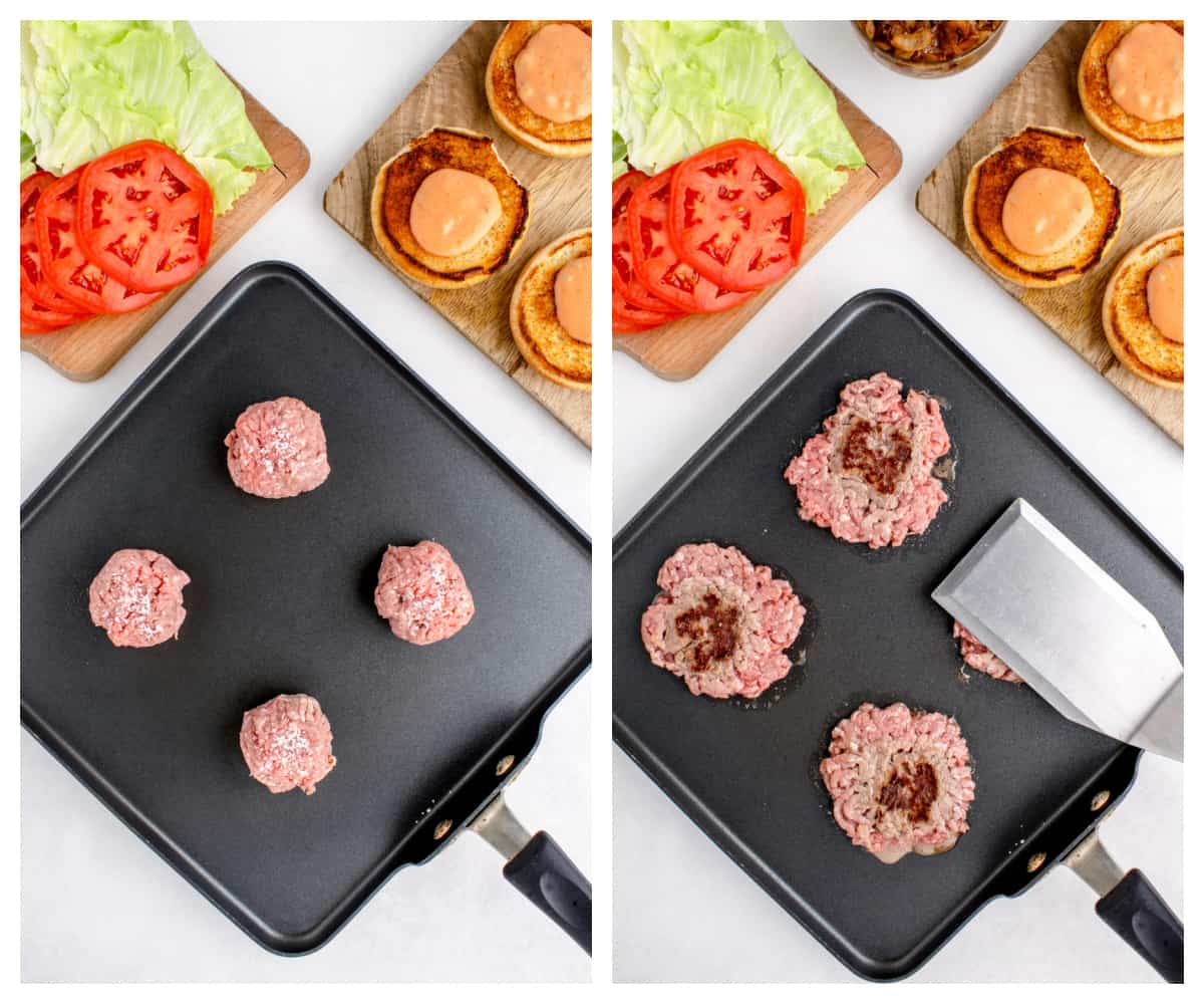 burgers on griddle.