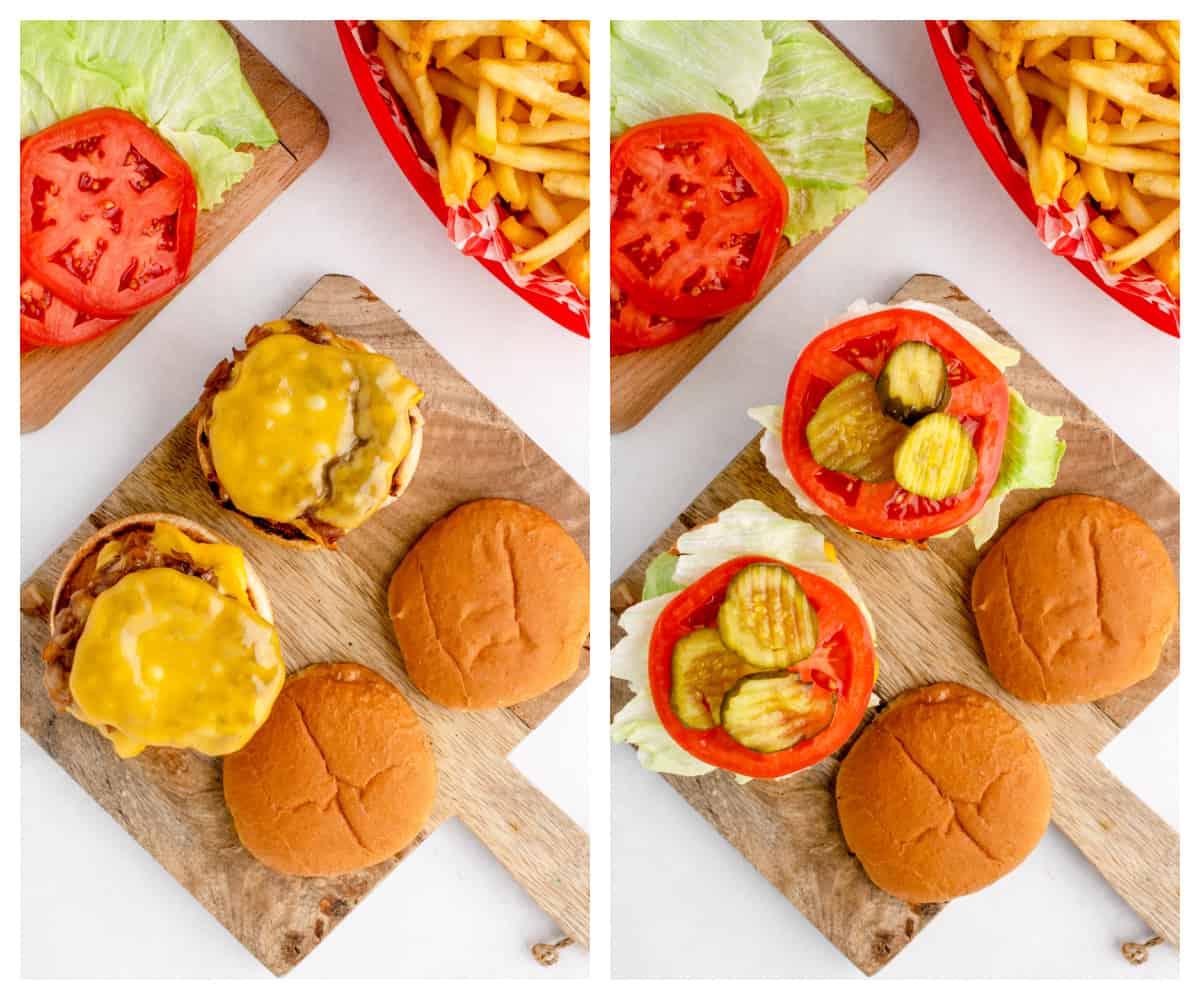 collage showing how to build a burger.
