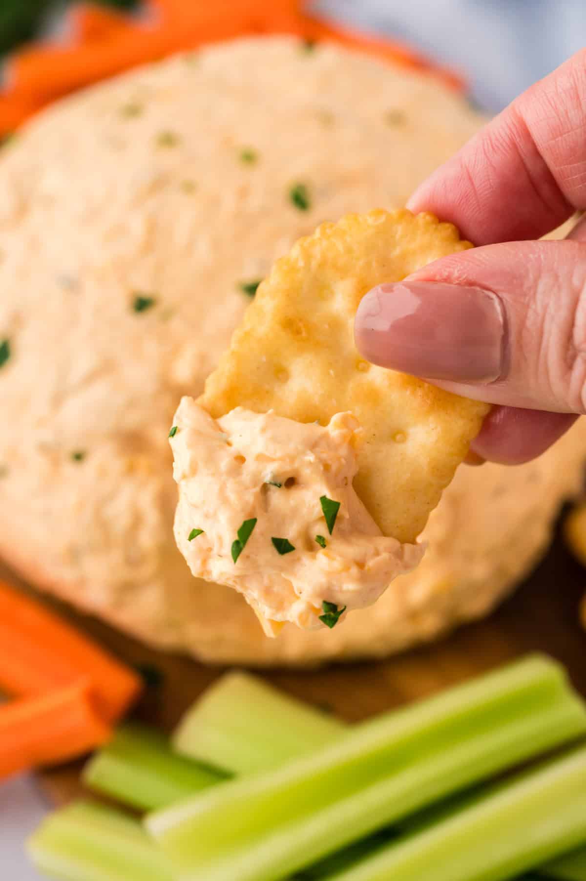 A cheese ball on a square plate surrounded by crackers.