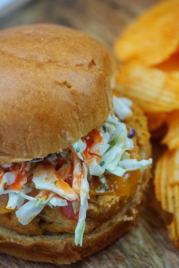 chicken burgers with ranch slaw and hot sauce