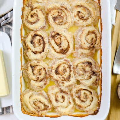 butter roll in white baking dish.