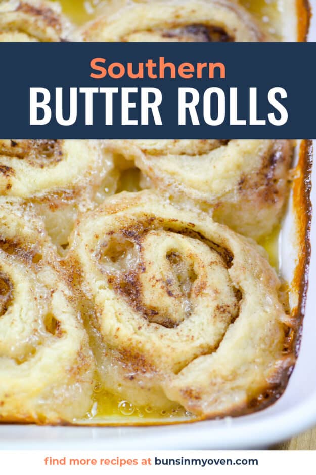 butter roll in white pan with text for PInterest.