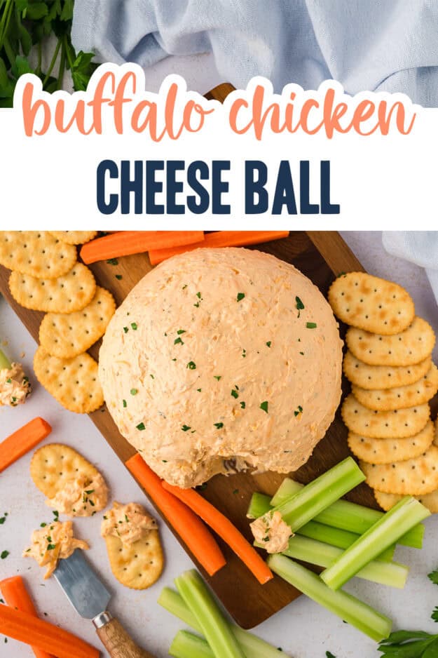 Overhead view of cheese ball on wooden board.