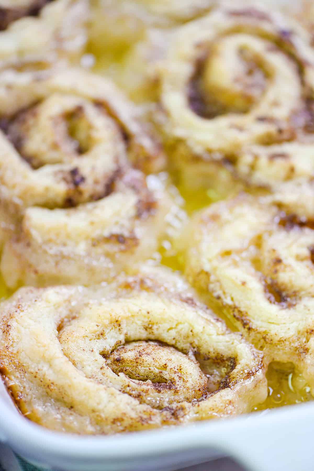 butter rolls in white baking dish.