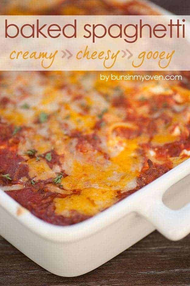 Creamy Baked Spaghetti Recipe by bunsinmyoven.com | This is our family's FAVORITE recipe and it's quick and easy, too!