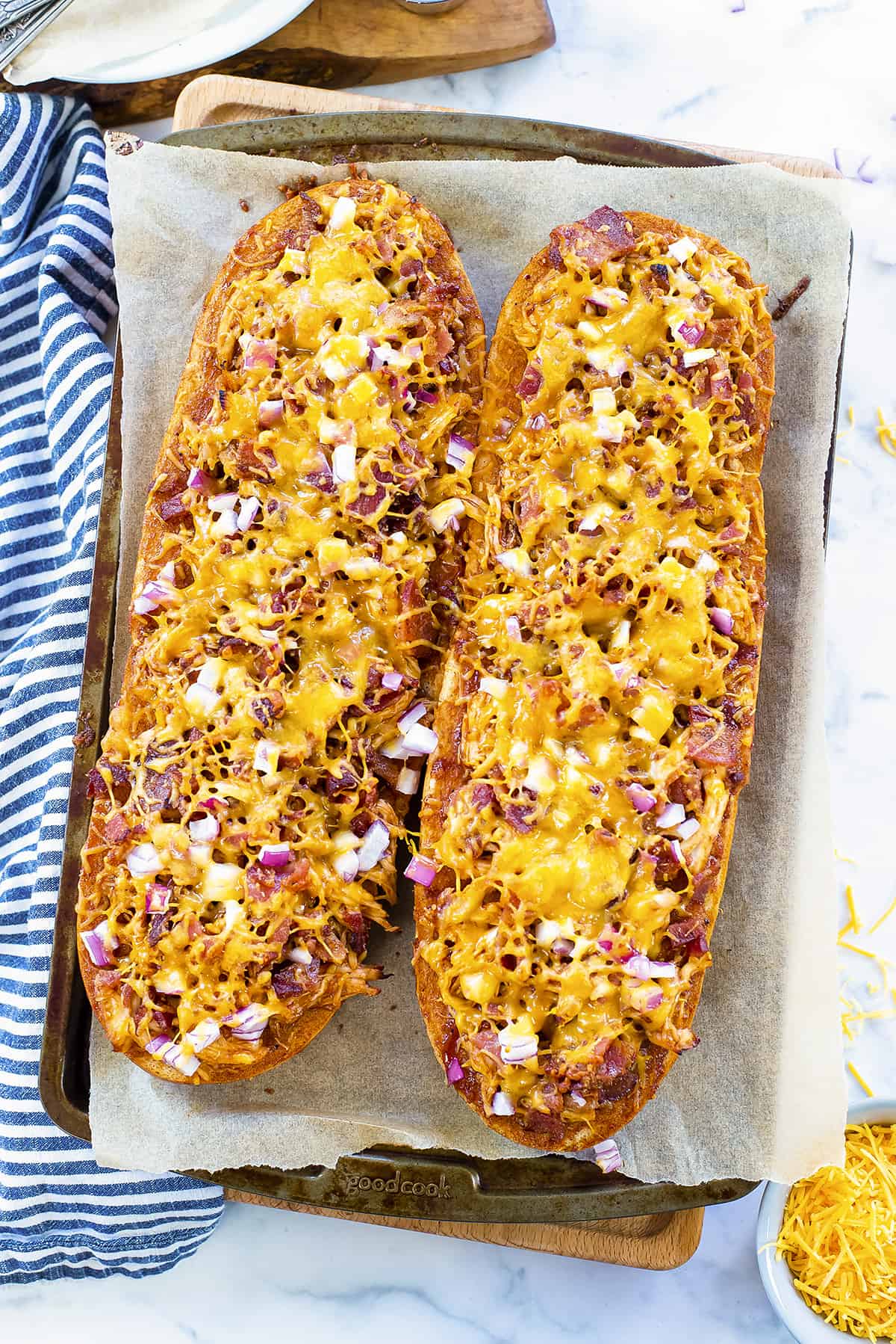 BBQ chicken bread on sheet pan.