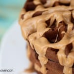 A chocolate waffle topped with peanut butter sauce.
