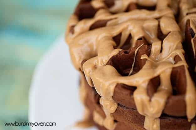 chocolate waffles with peanut butter sauce