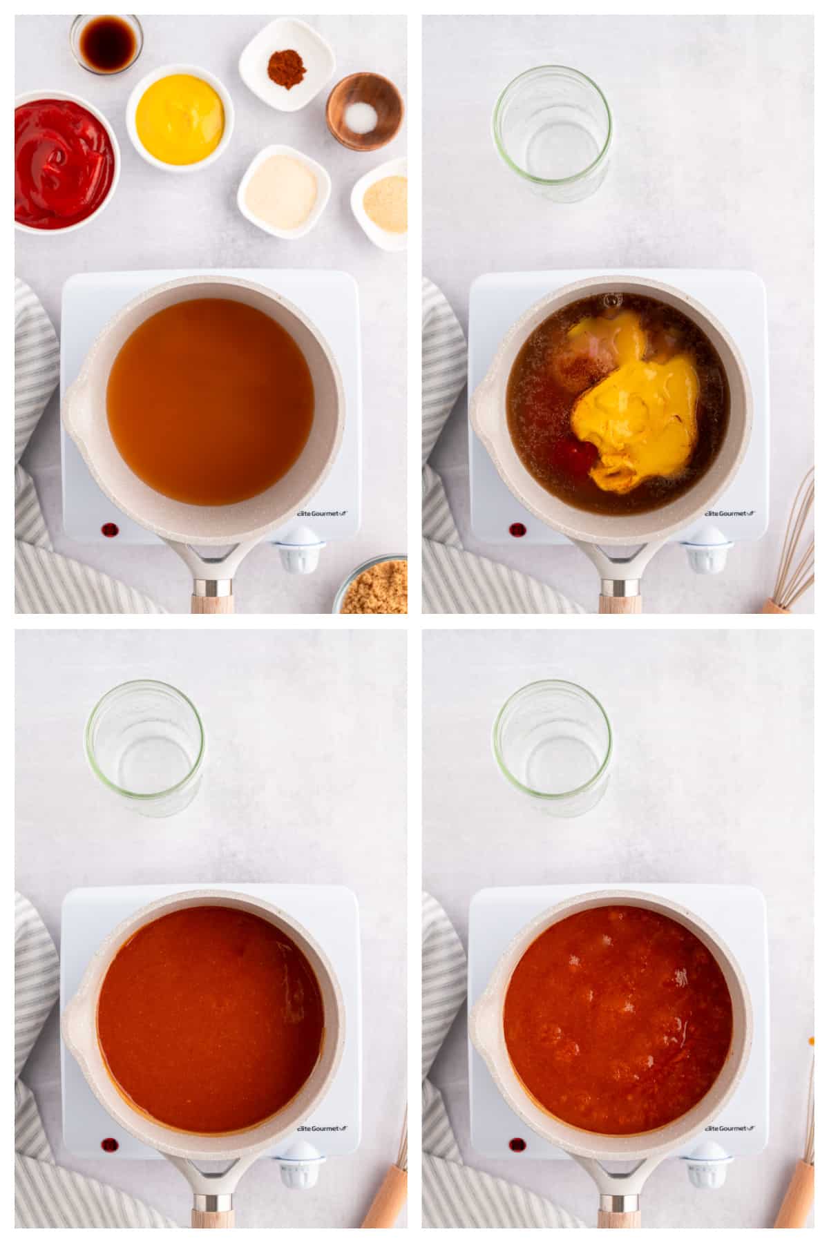 Collage showing how to make vinegar based bbq sauce.