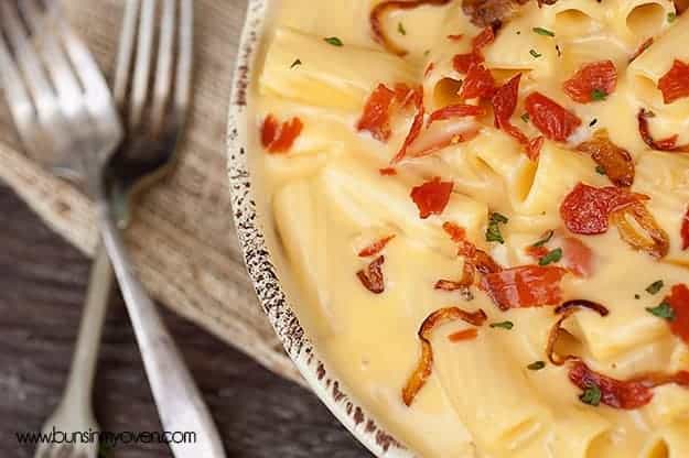 Overhead view of cheesy rigatoni