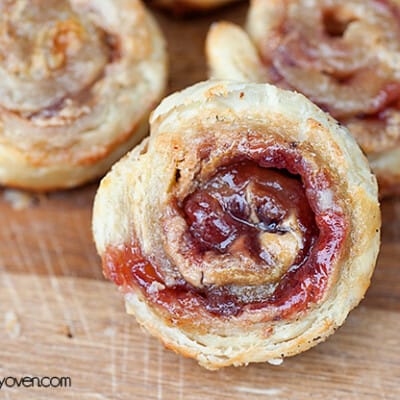 A close up of an overhead view of peanut butter and jelly pinwheels.