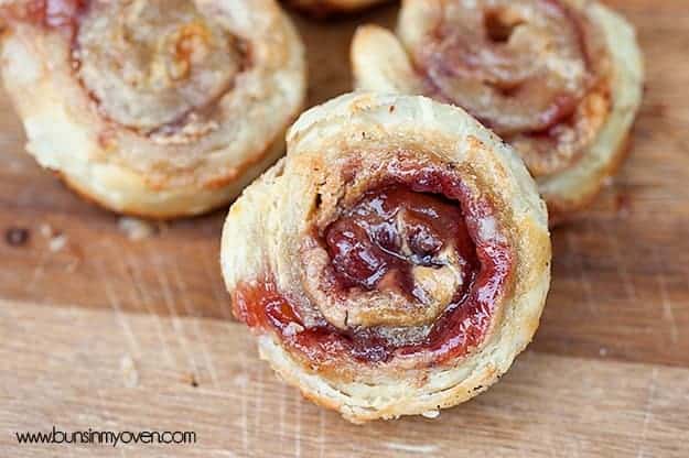 An overhead view of a peanut butter and jelly pinwheel 