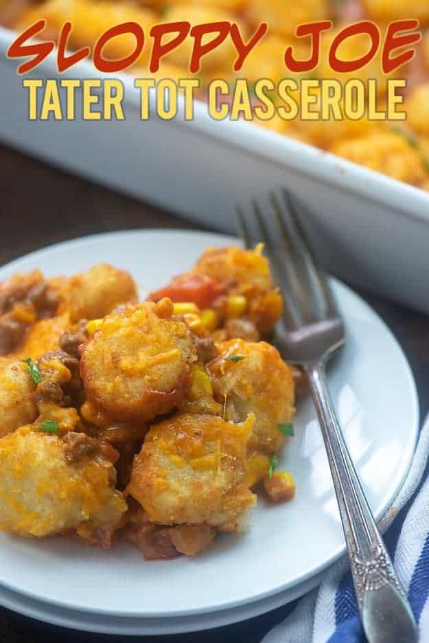 sloppy joe tater tot casserole recipe on white plate.