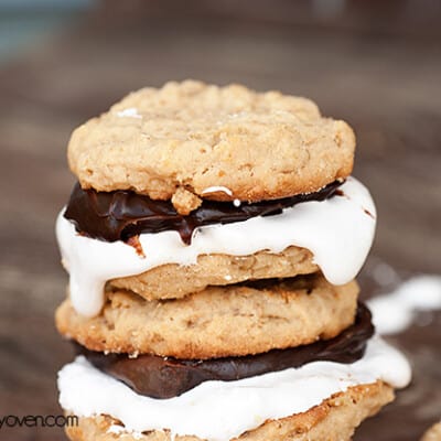 Stacked up smores cookie sandwiches.