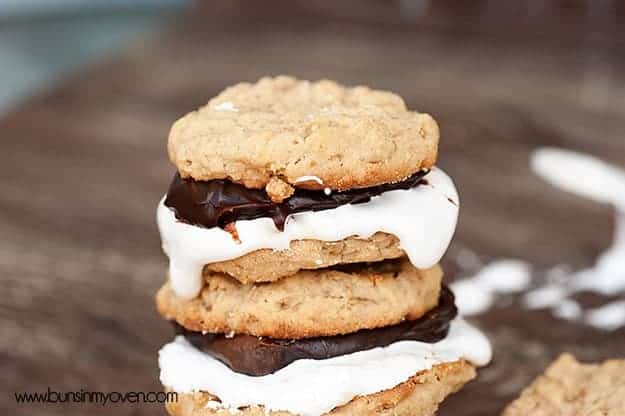 Stacked up smores cookie sandwiches.