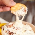 A ritz cracker being dipped into a parmesan cheese dip.