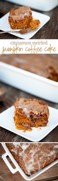 Pumpkin coffee cake that is LOADED with pumpkin and swirled with cinnamon!