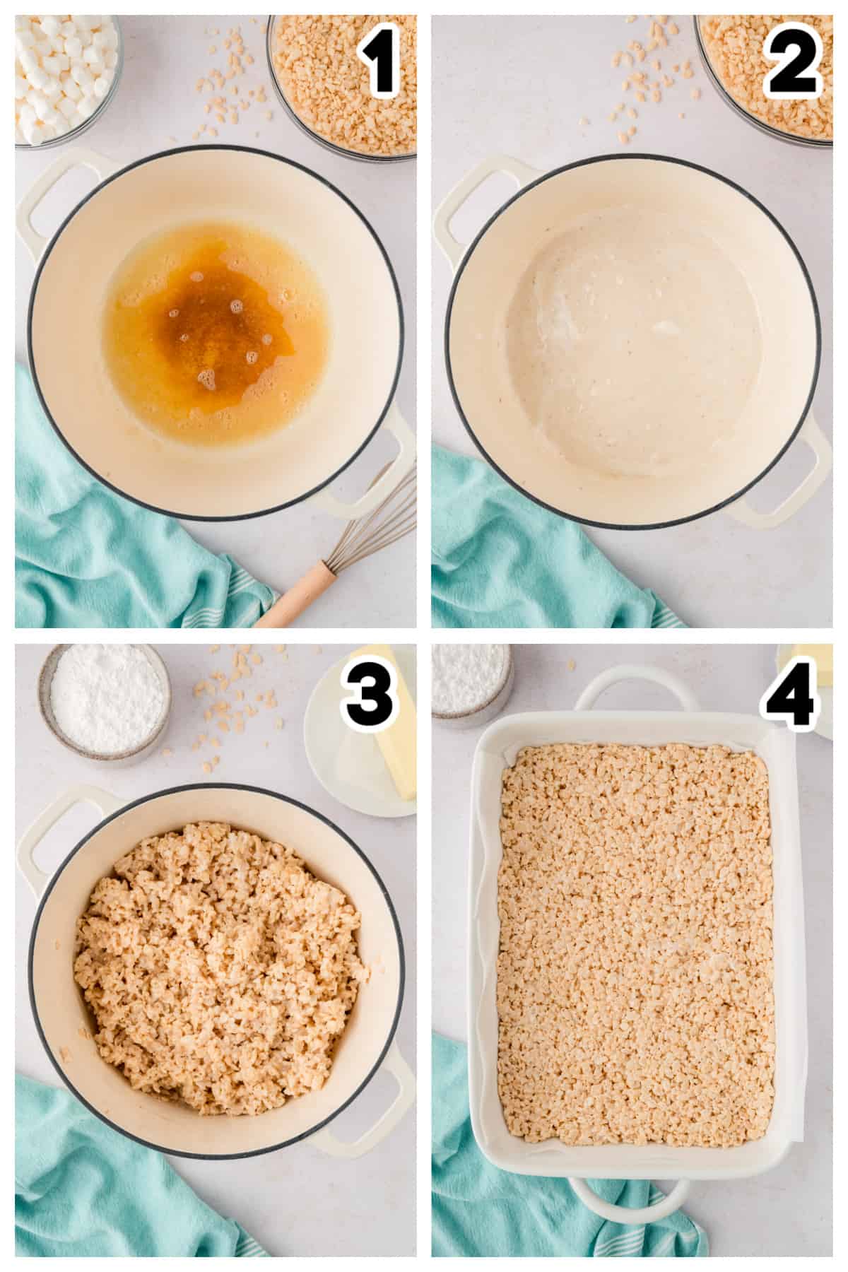 Collage showing how to make rice krispie treats.