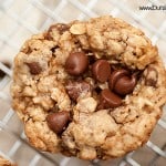 A close up of chocolate chips on an oatmeal cookie.