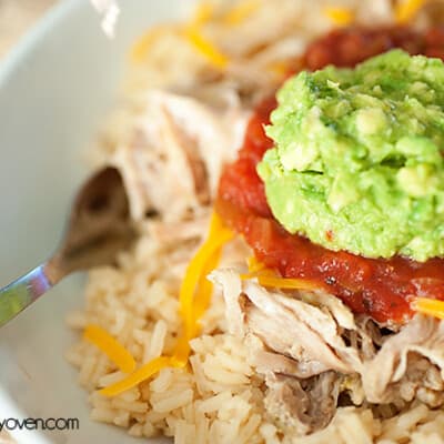 Pulled pork and rice topped with salsa in a white bowl.