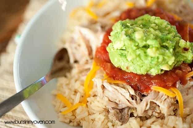 Overhead view of salsa on top of a bowl of pork and rice.