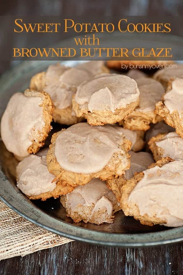 A plate of sweet potato cookies with a browned butter glaze on top.