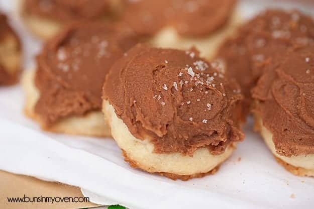 A close up of a shortbread cookie with chocolate icing in front of more cookies.
