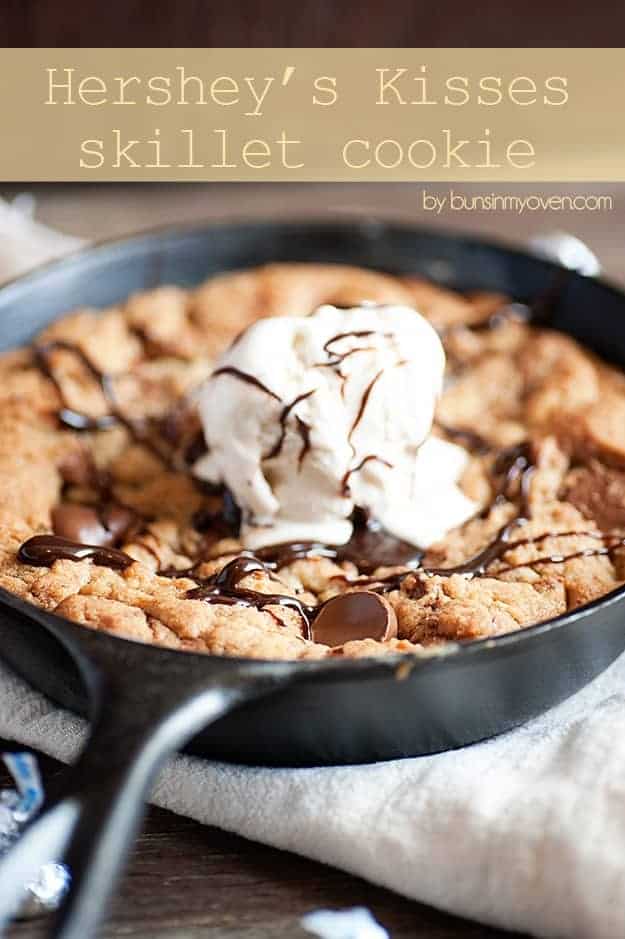 A black skillet with a Hersey kiss cookie.