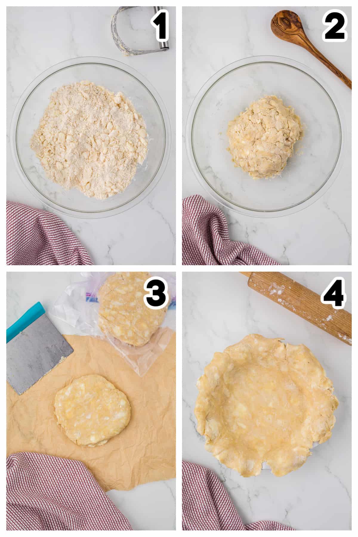 Collage showing step by step photos for making perfect pie crust.
