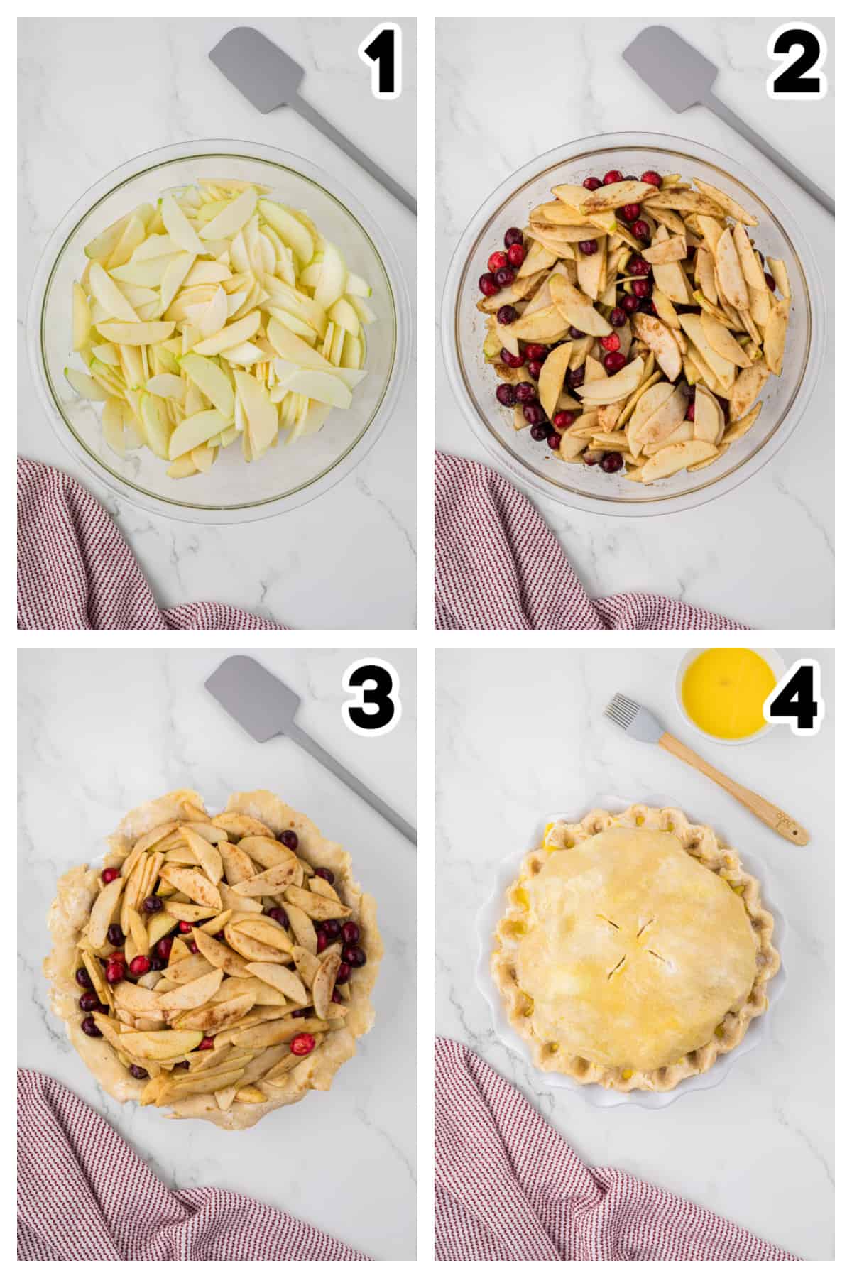 Collage showing how to make apple cranberry pie.