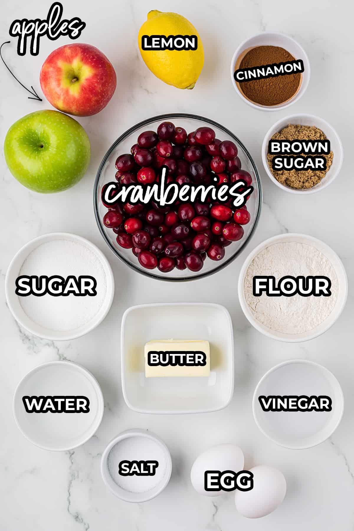 Ingredients for cranberry apple pie.