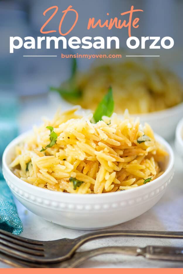 parmesan orzo in bowl with text for Pinterest.
