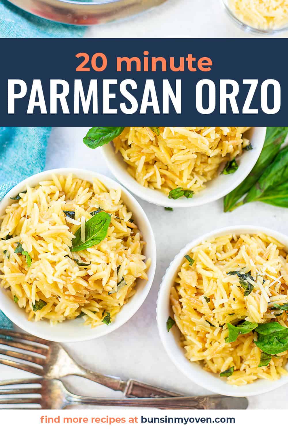 parmesan orzo in white bowls with text for Pinterest.