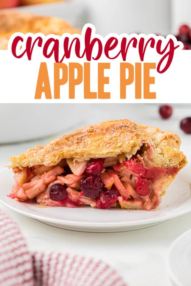 Cranberry apple pie slice on small dessert plate.