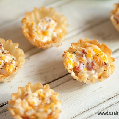 A close up of bacon pimento cheese cups.