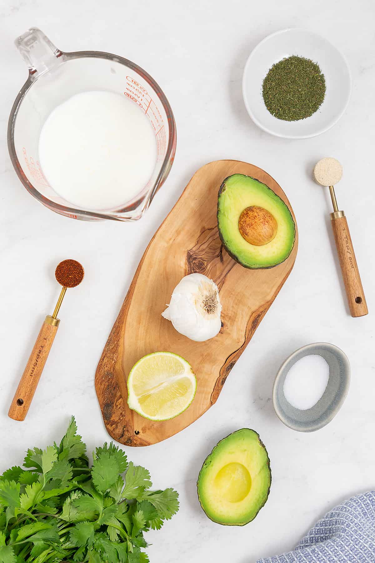Ingredients for avocado ranch dressing recipe.