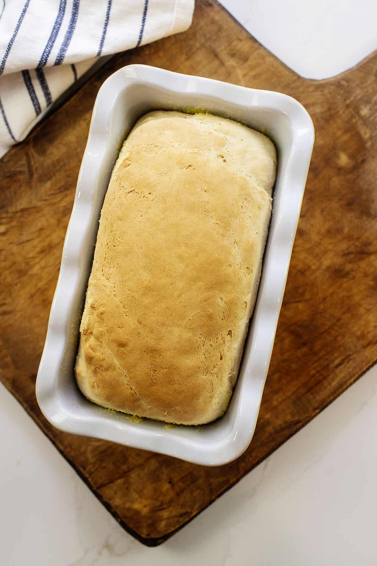 English muffin bread in loaf pan.
