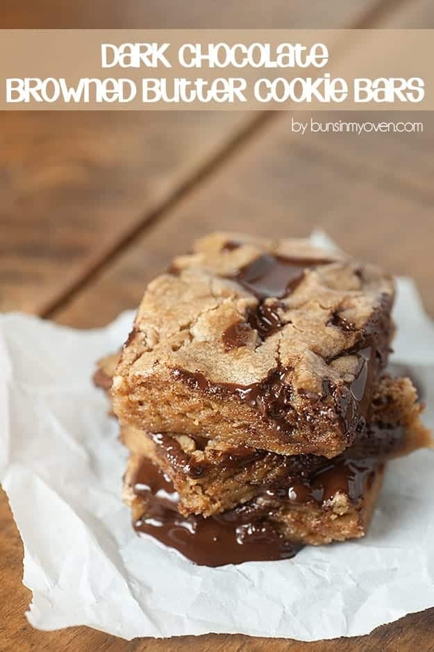 Dark Chocolate Browned Butter Cookie Bars - the softest, gooiest cookie bars with tons of melty chocolate! 